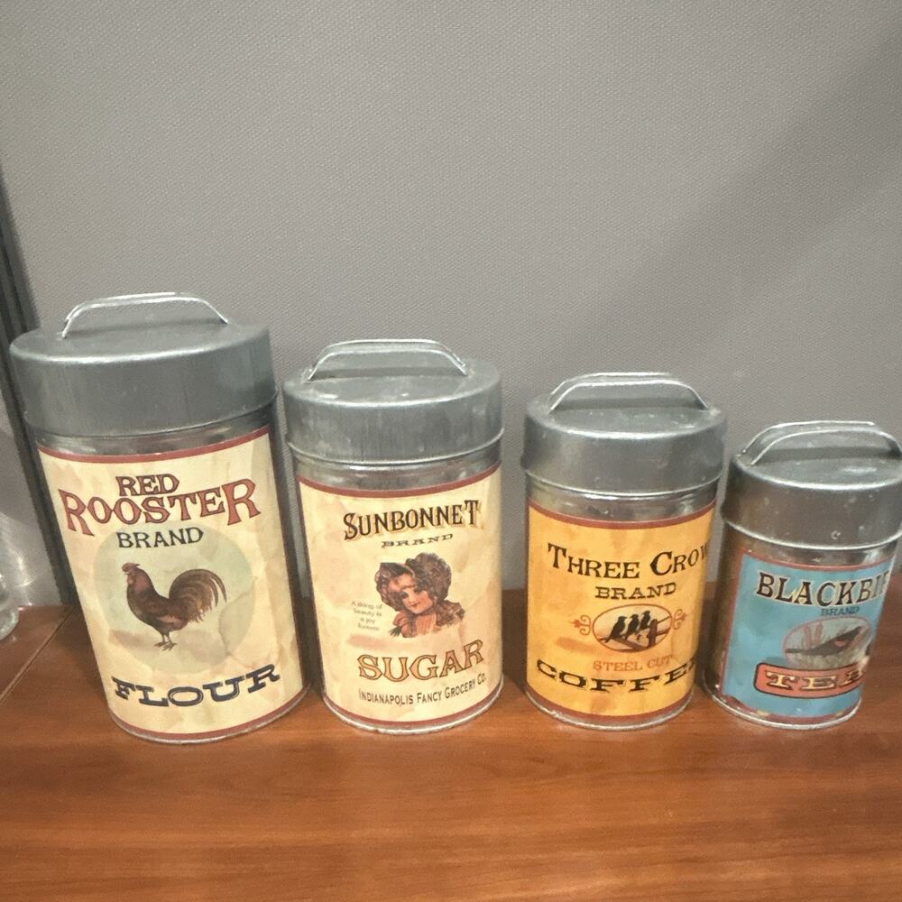 Vintage Metal 4pc Flour Sugar Coffee Tea Canister Set, Gray Lids Rooster Labels